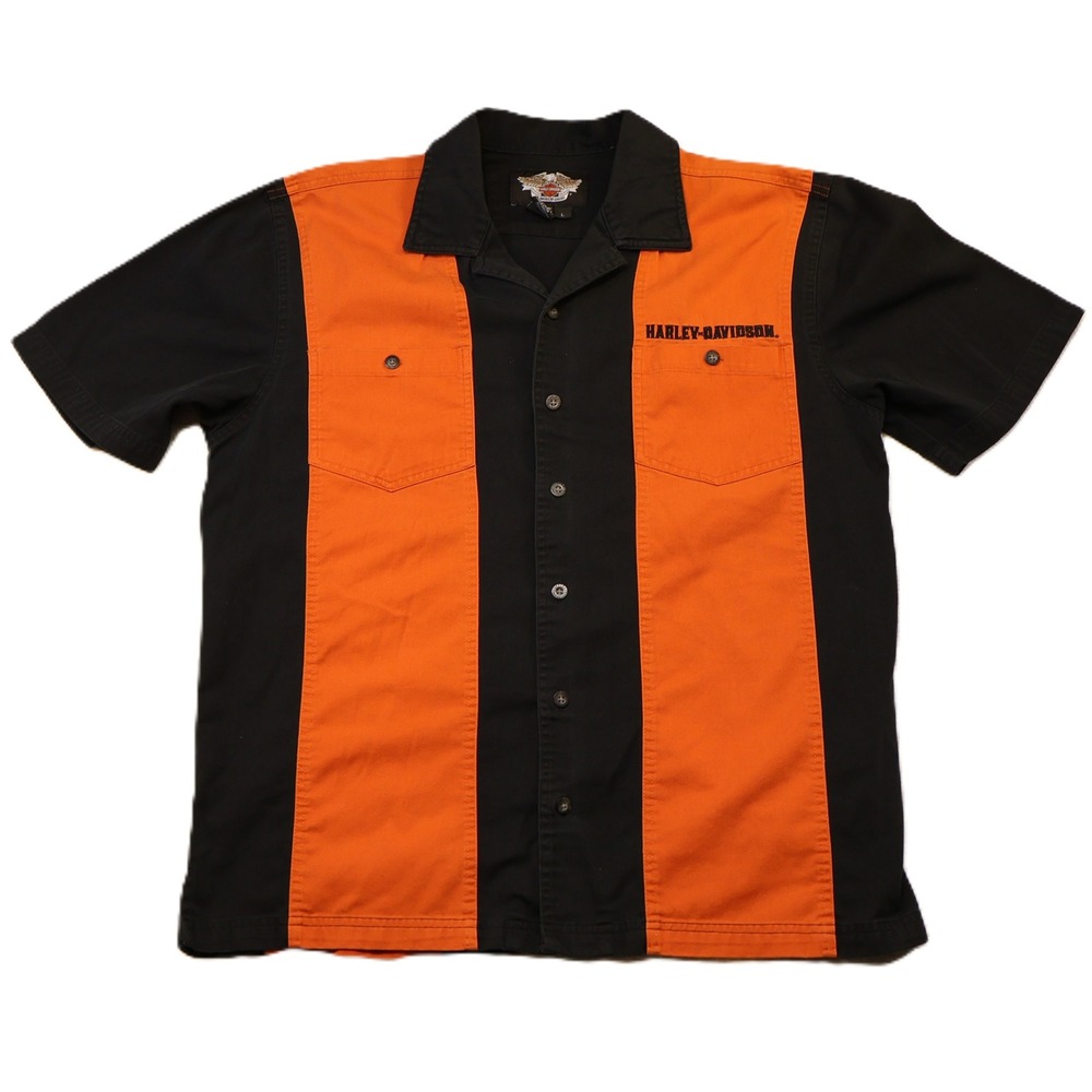 Harley-Davidson Mens Large Button Up Shirt Black Orange Racing Stripe 96465-10VM - Picture 1 of 6